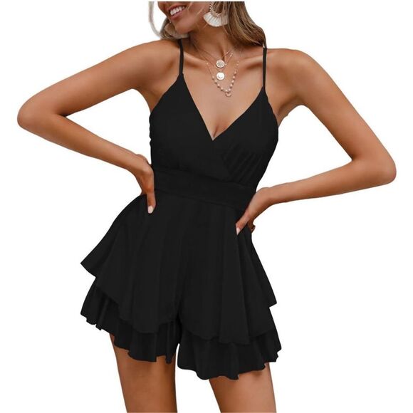 NEW Spaghetti Strap Romper V Neck Backless Ruffle Chiffon S - Picture 1 of 5
